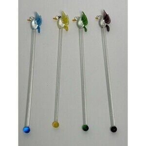 4 Vtg MCM Hand Blown Art Glass Bird Swizzle Stir Sticks Blue Green Yellow Purple